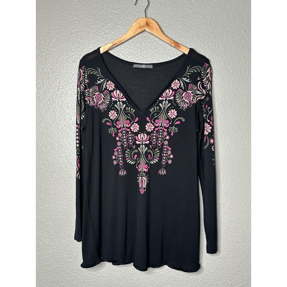 SIGNATURE COLLECTION WOMENS BLACK LONG SLEEVE V NECK TUNIC TOP XL 18